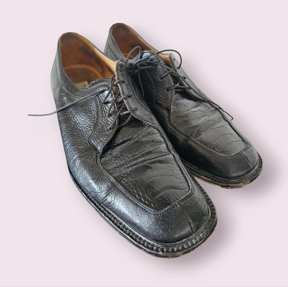 Belvedere Florence All Black Exotic‎ Leather Crocodile Oxford Shoes Sz 11.5M